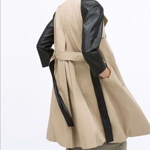 Zara Tan Trench Coat Black Faux Leather Sleeves L